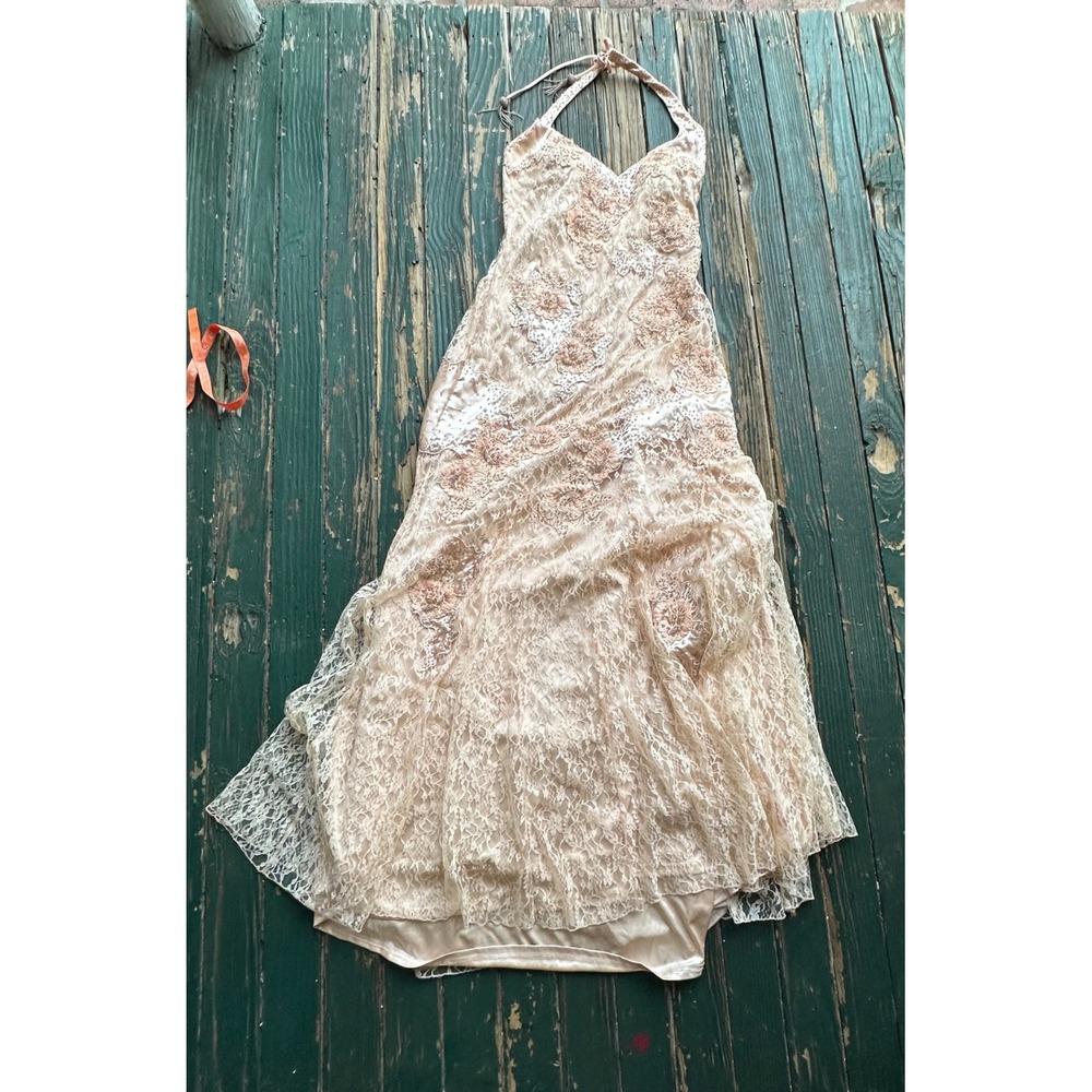 Sue Wong Nocturne Halter Gown Beaded Lace Formal Dress Champagne Pink Size 14